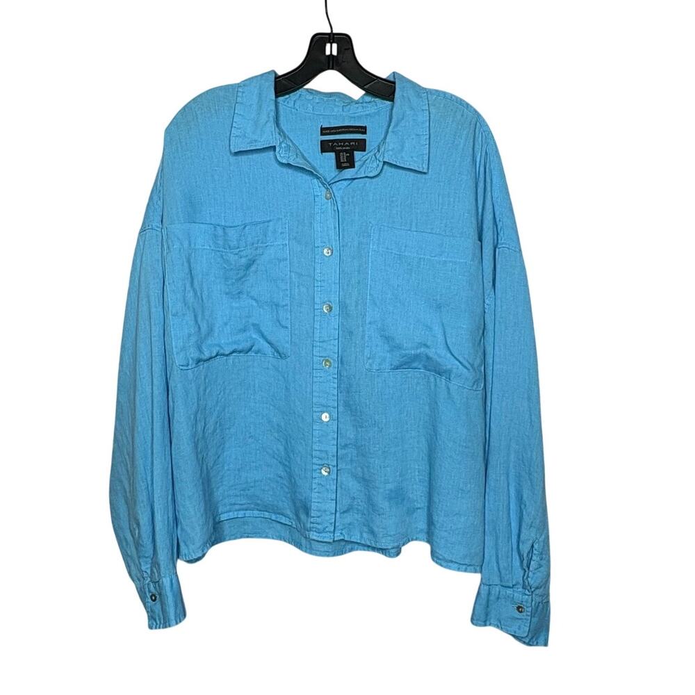 Tahari Blue 100% European Linen Boxy Fit Crop Button Down Collared Shirt XL